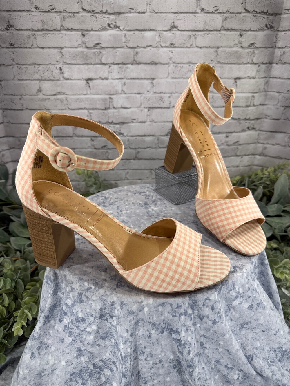 LC Lauren Conrad “Amberr” Pink Gingham Open-Toe Dress Heels WMS 9M 🩷NWT&NIB